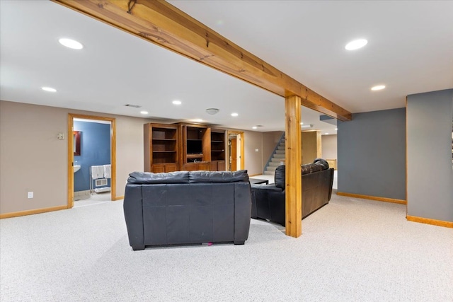 living area with light carpet, stairs, baseboards, and recessed lighting