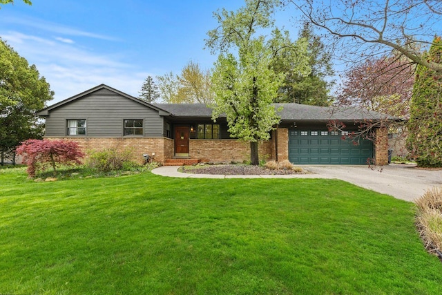 ranch-style house featuring driveway, an attached garage, brick siding, and a front yard