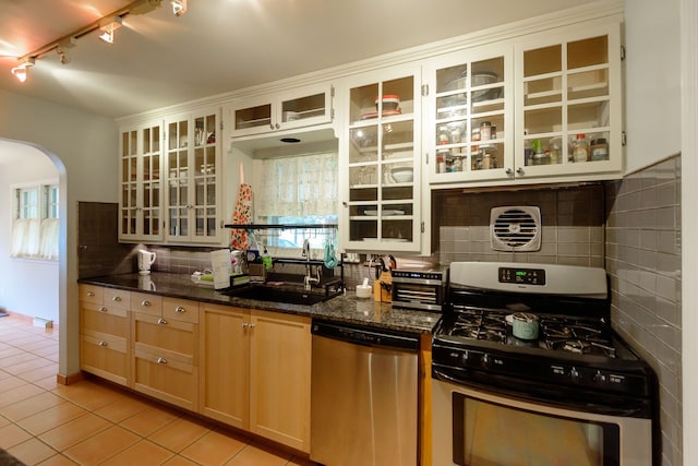 2847 N Custer Rd, Monroe, MI 48162 - kitchen with appliances with stainless steel finishes, a sink, arched walkways, rail lighting, and tasteful backsplash