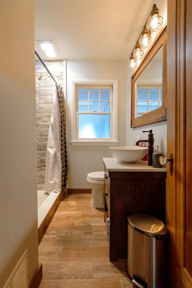 2847 N Custer Rd, Monroe, MI 48162 - bathroom with wood finished floors, a stall shower, toilet, vanity, and baseboards