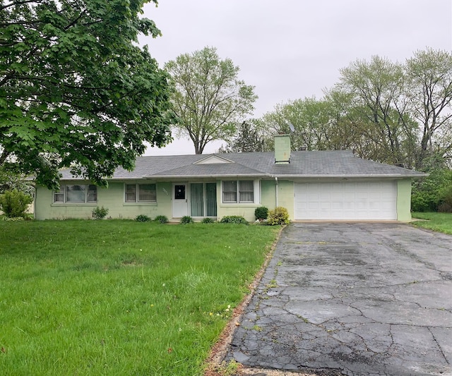 6568 Fairwood Dr, Dearborn Heights, MI 48127 - single story home with a garage, asphalt driveway, a front yard, a chimney, and roof with shingles