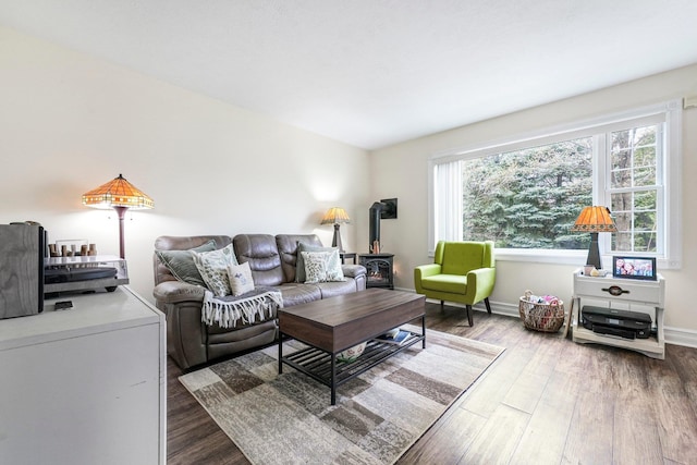 living area with a wood stove, wood finished floors, and baseboards