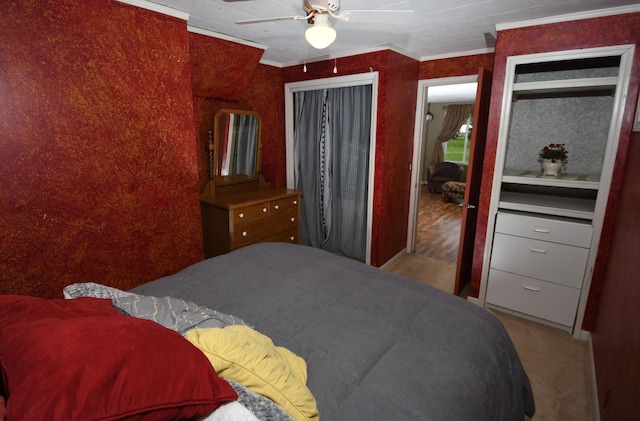56193 Murray St, Mattawan, MI 49071 - bedroom featuring light carpet, a ceiling fan, and ornamental molding