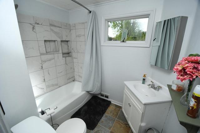 56193 Murray St, Mattawan, MI 49071 - bathroom with shower / bath combination with curtain, toilet, stone finish flooring, visible vents, and vanity