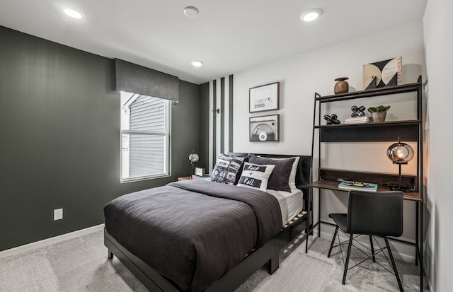 bedroom with baseboards, recessed lighting, and carpet floors