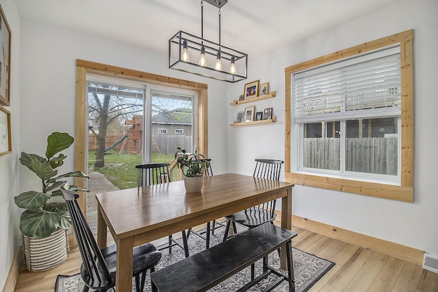 315 E Main St, Hart, MI 49420 - dining space featuring a chandelier, baseboards, light wood-type flooring, and visible vents
