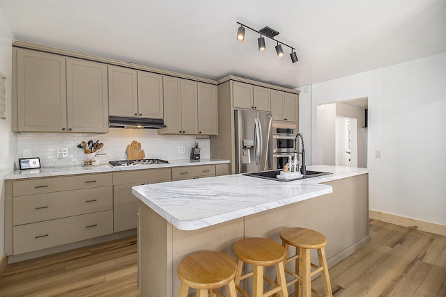 315 E Main St, Hart, MI 49420 - kitchen featuring stainless steel appliances, gray cabinets, under cabinet range hood, light wood-style flooring, and baseboards