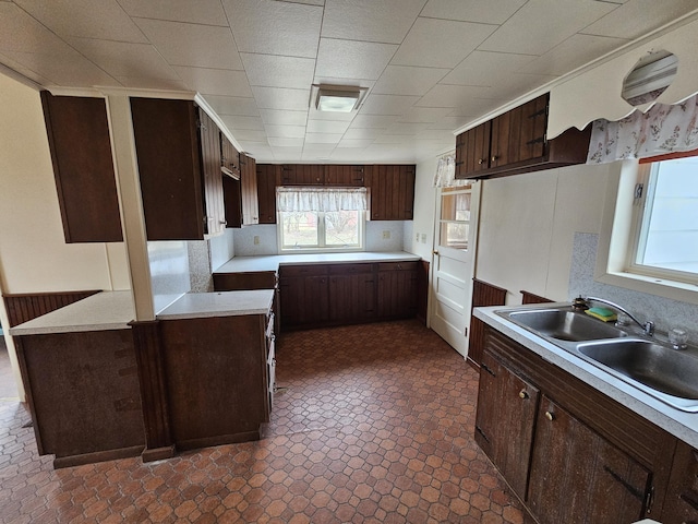 kitchen featuring a sink, light countertops, and dark brown cabinets