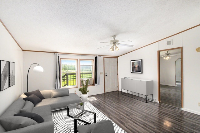 living room with ornamental molding, lofted ceiling, ceiling fan, and dark wood finished floors