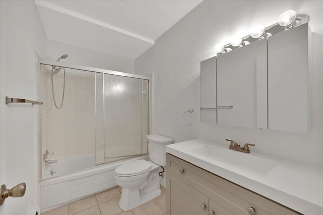 full bath featuring tile patterned flooring, vanity, toilet, and enclosed tub / shower combo