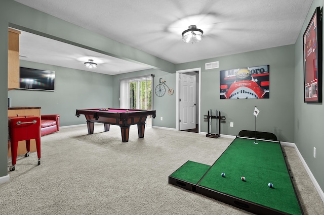 5849 Gavin Ln, Kalamazoo, MI 49009 - game room featuring a textured ceiling, pool table, visible vents, carpet flooring, and baseboards