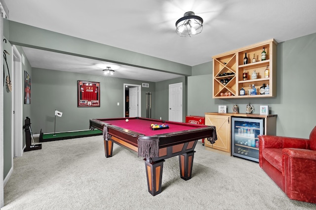 5849 Gavin Ln, Kalamazoo, MI 49009 - recreation room with a bar, beverage cooler, baseboards, light carpet, and billiards