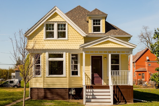 view of front of home featuring covered porch, roof with shingles, and a front yard