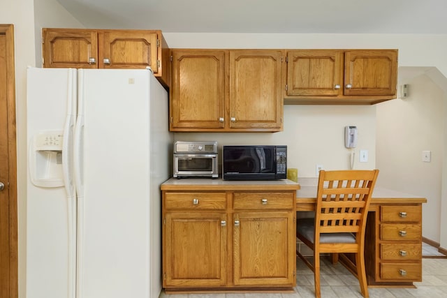 4217 Phillips Rd, Metamora, MI 48455 - kitchen featuring white refrigerator with ice dispenser, black microwave, light countertops, and brown cabinets