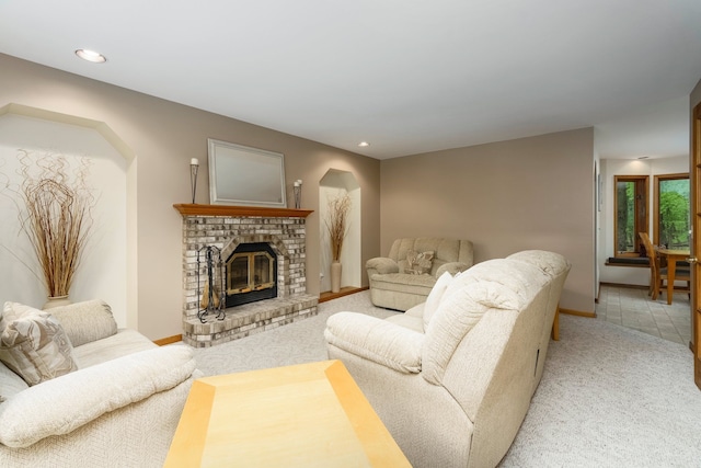 4217 Phillips Rd, Metamora, MI 48455 - living room featuring light carpet, recessed lighting, baseboards, and a fireplace