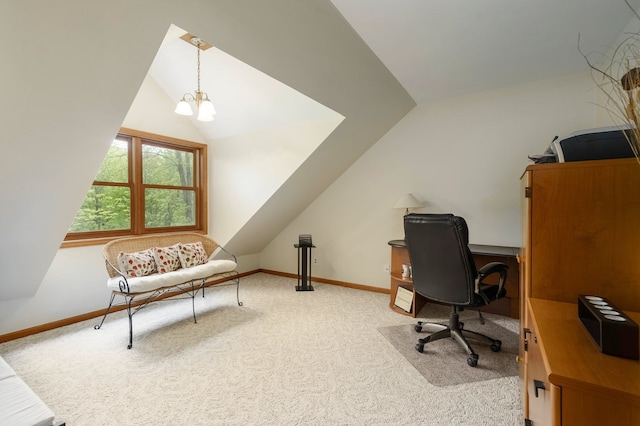 4217 Phillips Rd, Metamora, MI 48455 - carpeted office space featuring vaulted ceiling, baseboards, and a chandelier