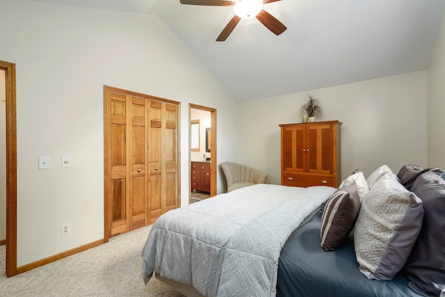 4217 Phillips Rd, Metamora, MI 48455 - bedroom featuring light carpet, lofted ceiling, a closet, baseboards, and ceiling fan