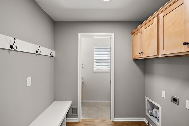 4125 Newton Rd, Commerce Twp, MI 48390 - laundry room with hookup for an electric dryer, cabinet space, light wood-style floors, and baseboards