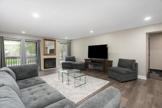 living area with a fireplace with flush hearth, wood finished floors, recessed lighting, and baseboards