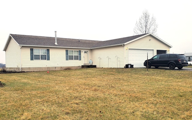 single story home with a front yard, roof with shingles, and a garage