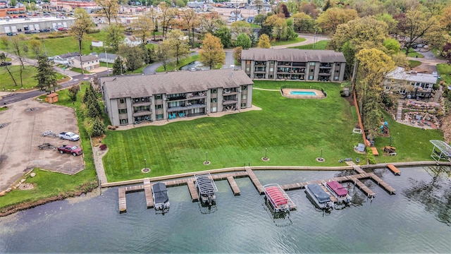 drone / aerial view featuring a water view