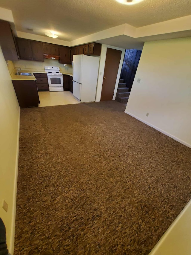 854 Kelley St, Traverse City, MI 49686 - kitchen with white appliances, a sink, dark brown cabinetry, under cabinet range hood, and a textured ceiling