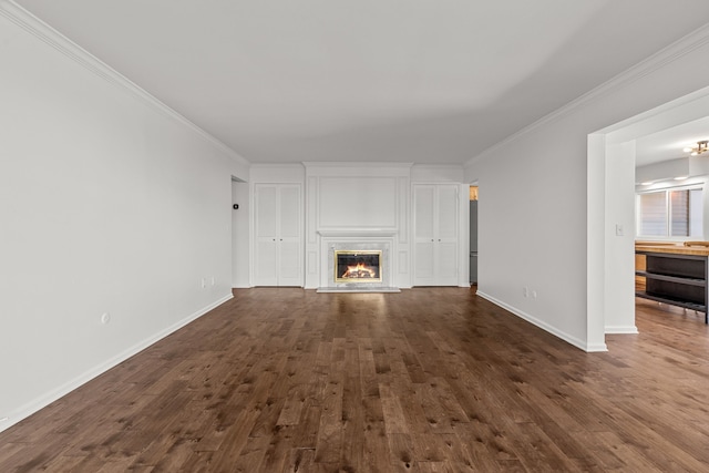 2658 Williamsburg Cir Unit 47, Auburn Hills, MI 48326 - unfurnished living room with dark wood-type flooring, baseboards, ornamental molding, and a premium fireplace