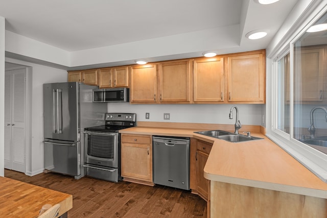 2658 Williamsburg Cir Unit 47, Auburn Hills, MI 48326 - kitchen with appliances with stainless steel finishes, a sink, dark wood-style floors, and light countertops