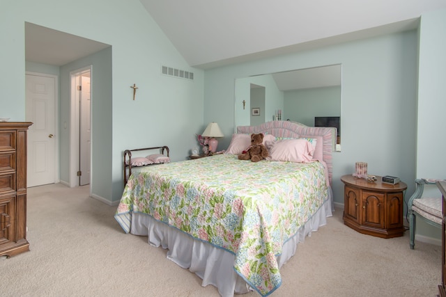 bedroom featuring carpet flooring, visible vents, baseboards, and vaulted ceiling