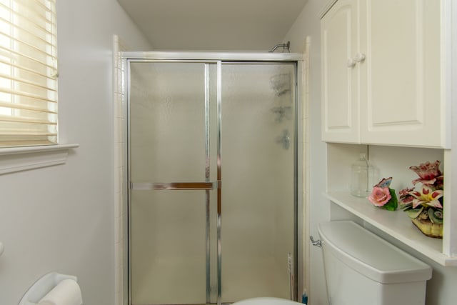 bathroom with toilet and a shower stall