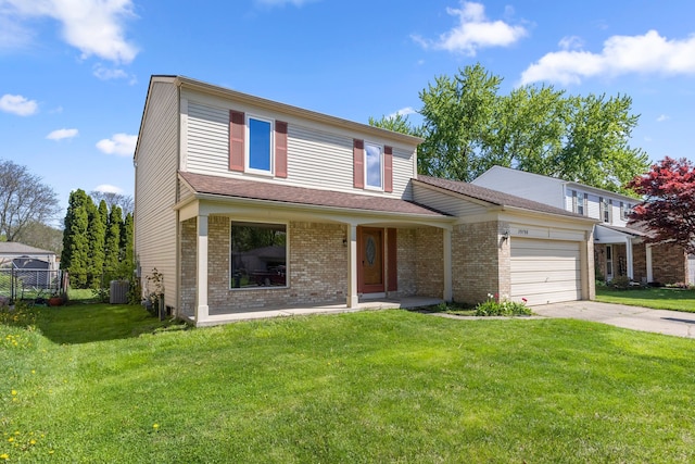 traditional home with central air condition unit, an attached garage, concrete driveway, brick siding, and a porch