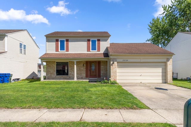 traditional-style home featuring brick siding, a garage, covered porch, and a front yard