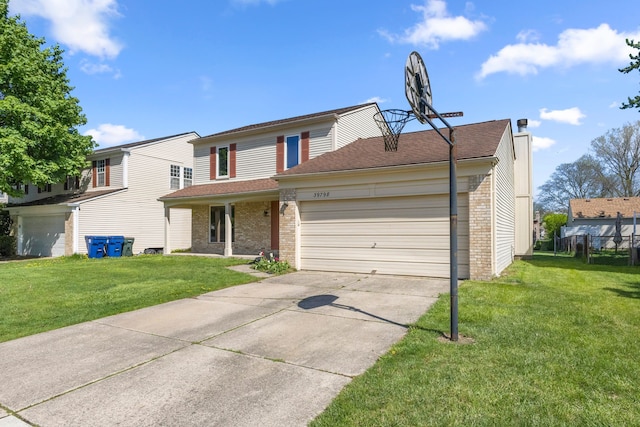 traditional home with brick siding, an attached garage, concrete driveway, and a chimney