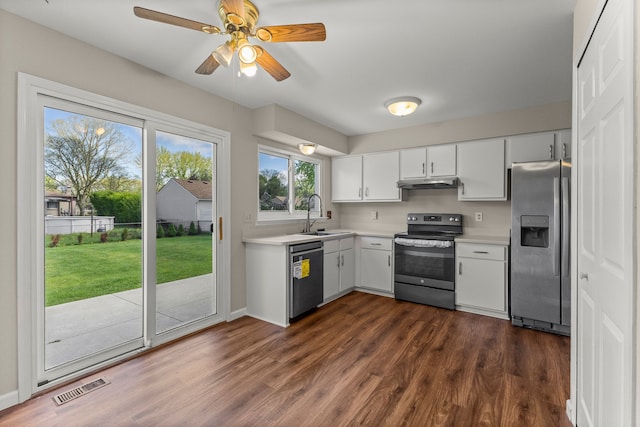 kitchen with appliances with stainless steel finishes, under cabinet range hood, a sink, and light countertops