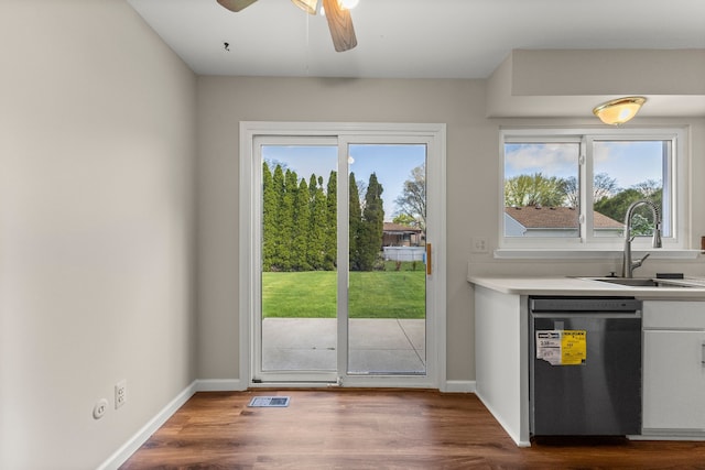 doorway to outside featuring a sink, ceiling fan, dark wood-type flooring, and baseboards