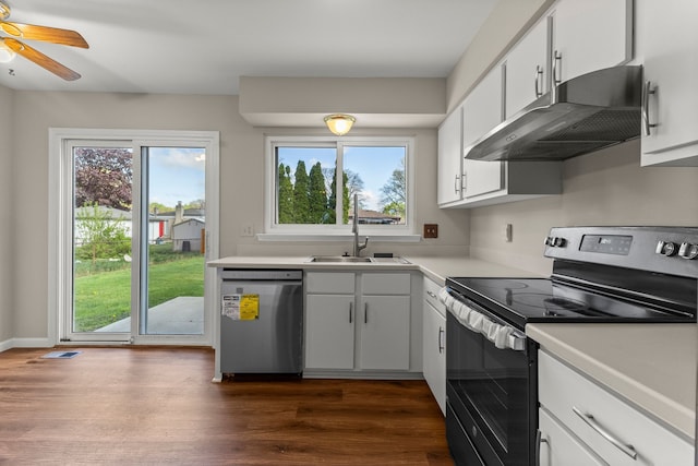 kitchen featuring appliances with stainless steel finishes, under cabinet range hood, a sink, light countertops, and plenty of natural light