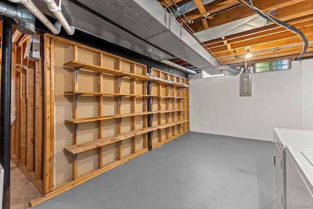 basement with washer and clothes dryer and electric panel