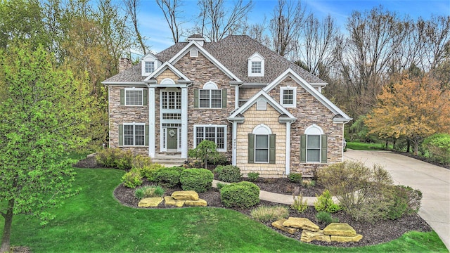view of front of home with concrete driveway, a front lawn, a chimney, and stone siding