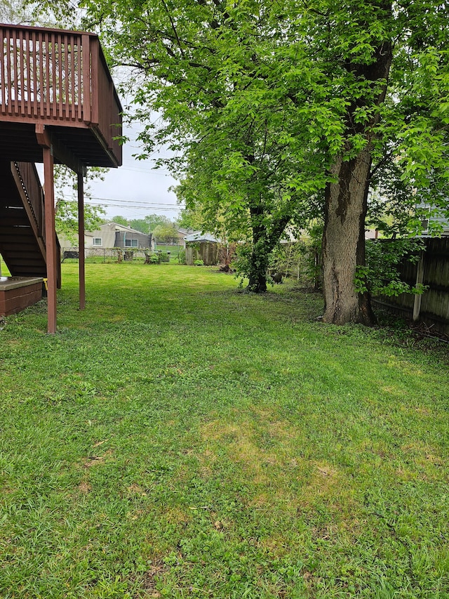 view of yard with a wooden deck and a fenced backyard