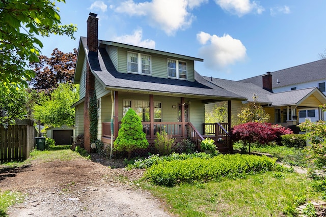 320 E Farnum Ave, Royal Oak, MI 48067 - view of front of property with dirt driveway, a porch, a chimney, fence, and a shingled roof