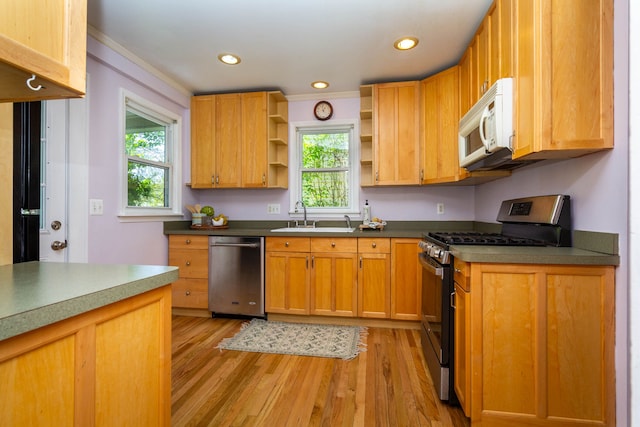 320 E Farnum Ave, Royal Oak, MI 48067 - kitchen with stainless steel appliances, a sink, open shelves, crown molding, and light wood finished floors