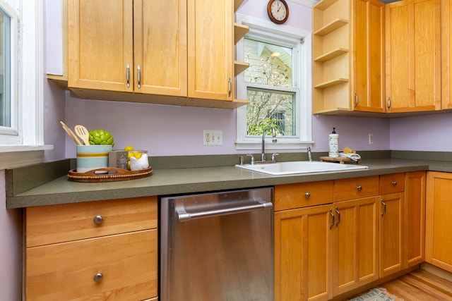 320 E Farnum Ave, Royal Oak, MI 48067 - kitchen featuring stainless steel dishwasher, open shelves, a sink, and light wood-style flooring