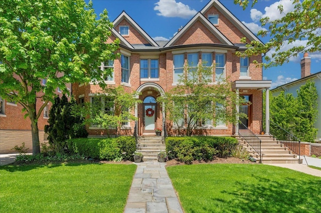 view of front of house featuring brick siding and a front yard