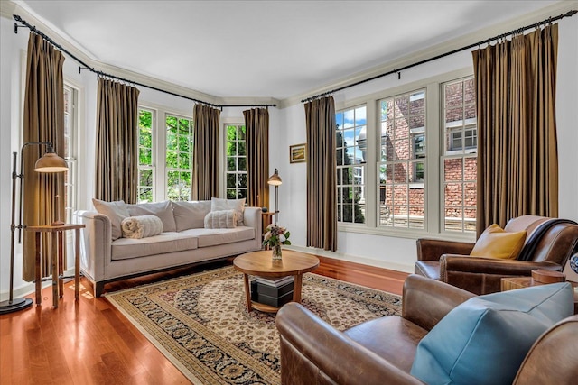 living area with wood finished floors and baseboards