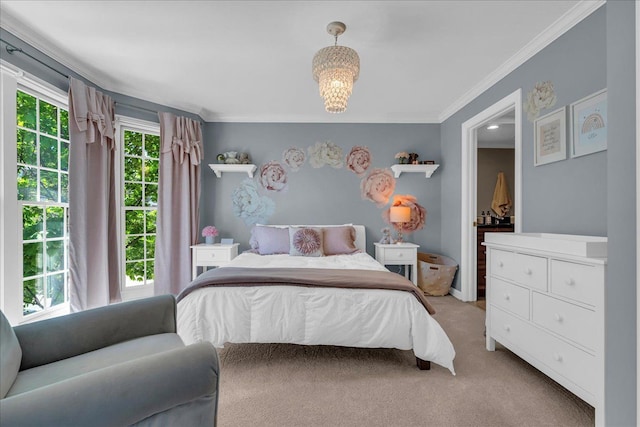 bedroom featuring light colored carpet and ornamental molding
