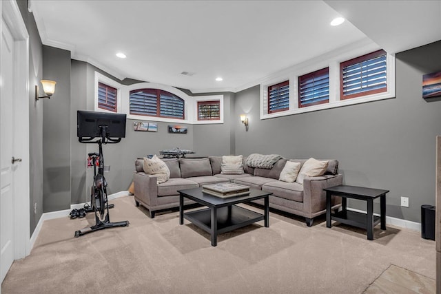 living area featuring baseboards, carpet flooring, recessed lighting, and ornamental molding