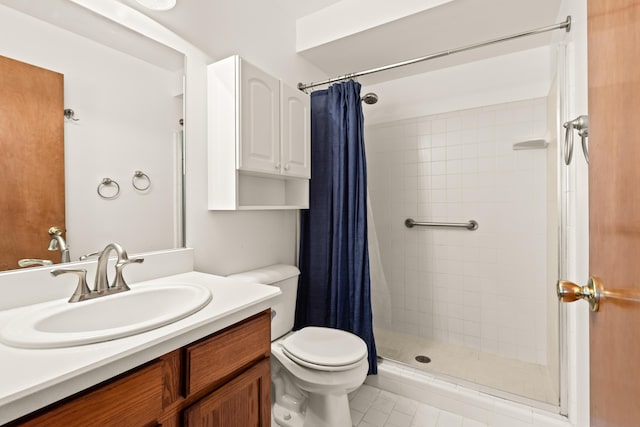 full bath with toilet, tiled shower, tile patterned floors, and vanity