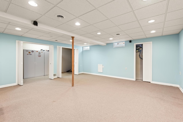 finished basement featuring carpet flooring, visible vents, baseboards, and recessed lighting