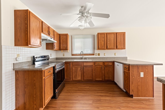 kitchen with a sink, a peninsula, under cabinet range hood, white dishwasher, and electric stove