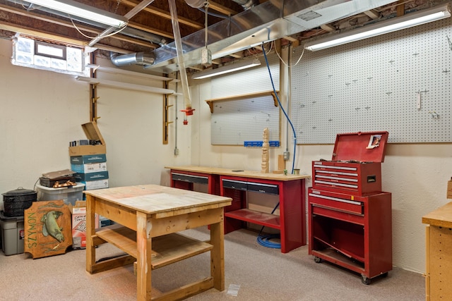 basement with carpet and a workshop area
